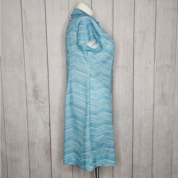 VTG 70s Flutterbye Blue & White Chevron Button Up Shirt Dress, size Large - Picture 5 of 8